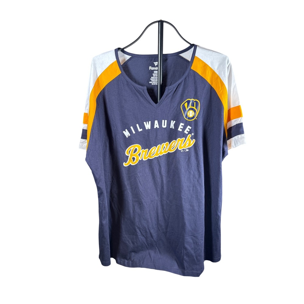 Fanatics Milwaukee Brewers Womens Navy Blue Gold Split Neck Raglan T-Shirt 2X